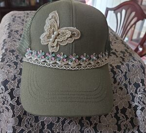 Embroidered Butterfly Olive Green Cap